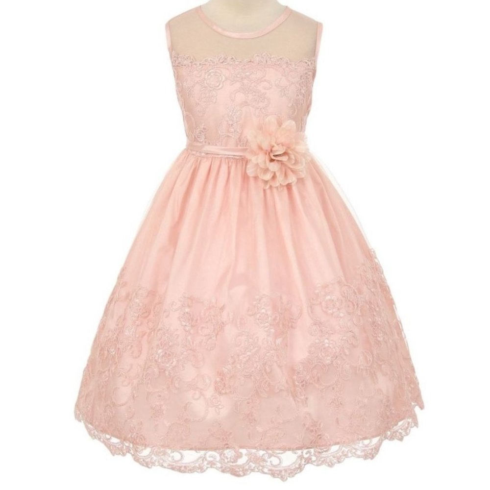 Flower Girl Dress Embroidered Tulle Overlay Dress Illusion Neckline Wedding New